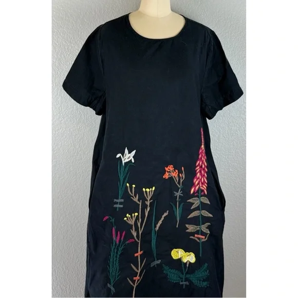 Black Floral Embroidered Tunic Oversized Midi Dress Cotton Linen‎ Lagonlook XL - Picture 7 of 14